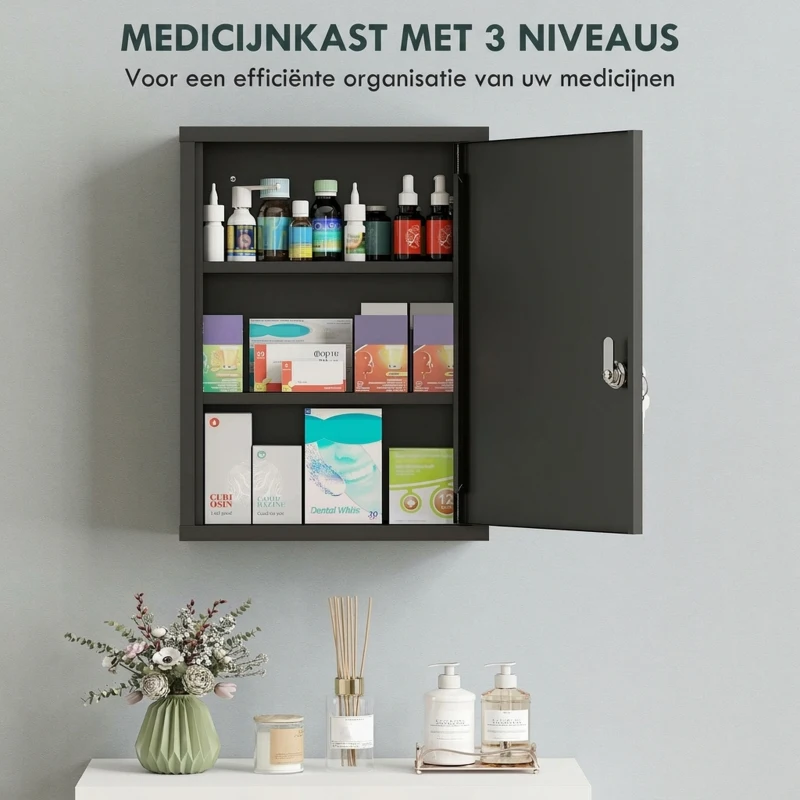 kleankin Medicijnkast voor wandmontage met slot, 3-niveaus stalen wandkast, 40 x 15 x 53,5 cm, Zwart