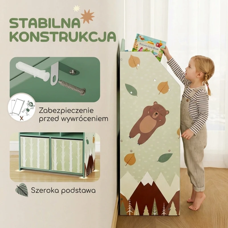 AIYAPLAY Dziecięcy regał na książki z 2 materiałowymi szufladami, dla dzieci w wieku 3-8 lat, 62,5x30x91,5 cm, zielony