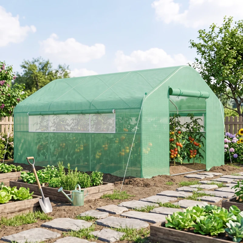 Outsunny Serre de jardin 4 x 3 x 2m avec portes enroulables et grandes fenêtres, serre tunnel de jardin, vert