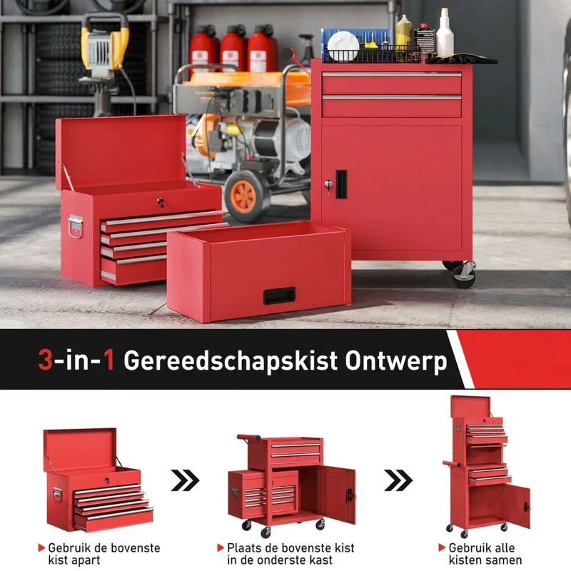 HOMCOM Verrijdbare gereedschapskast, 6 lades, 2 kasten, staal, afsluitbaar, rood