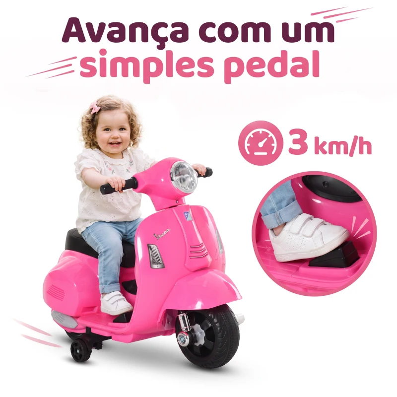 HOMCOM Mota Elétrica Infantil Vespa 6V com Farol, Buzina e Rodas Auxiliares para Crianças de 18-36 Meses Rosa 66,5x38x52 cm