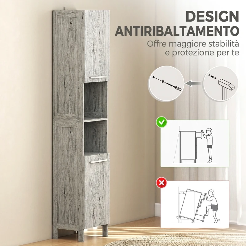 kleankin Colonna Bagno in MDF con 2 Armadietti e 2 Ripiani Aperti, 30x32x172.5 cm, color Legno