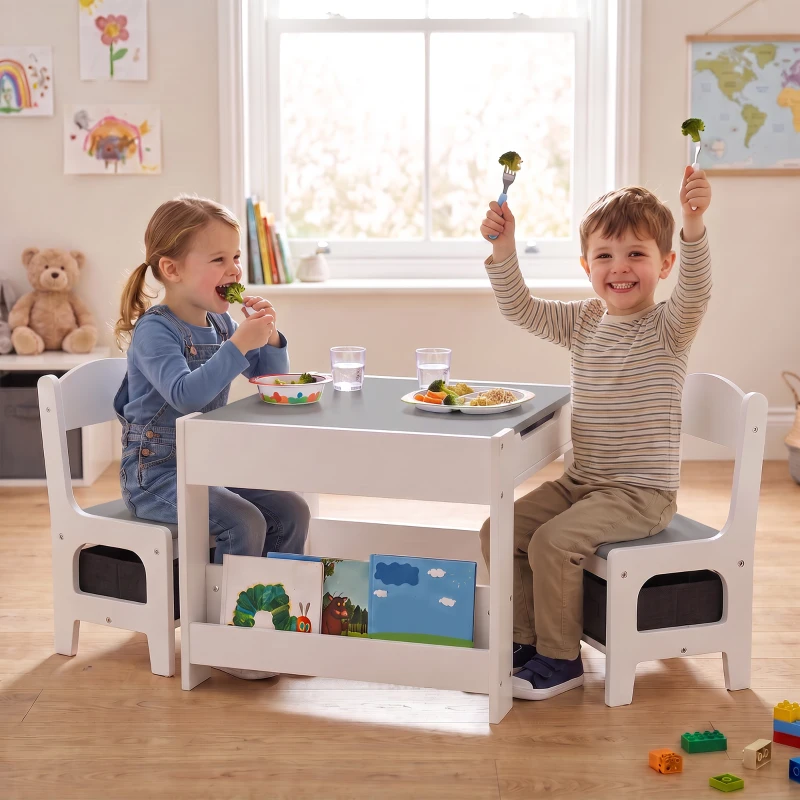 HOMCOM Juego de Mesa con Sillas para Niños 3 en 1 con Pizarra Cajones de Tela y Espacio de Almacenamiento Blanco y Gris