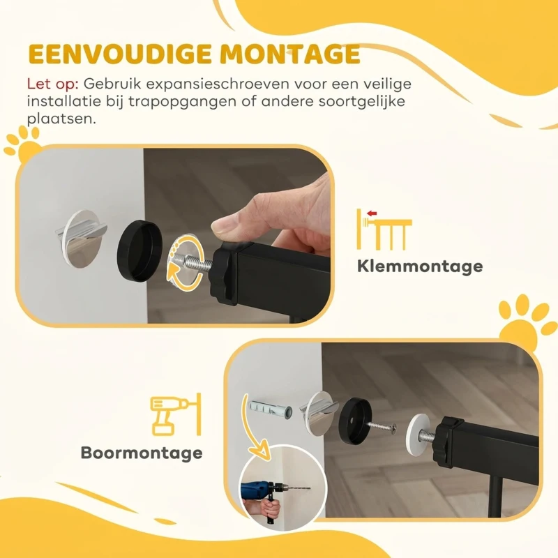 PawHut 106 cm hoog huisdierenhek met aanpasbare breedte, ingebouwde kattendeur, voor trappen en deurposten, Zwart