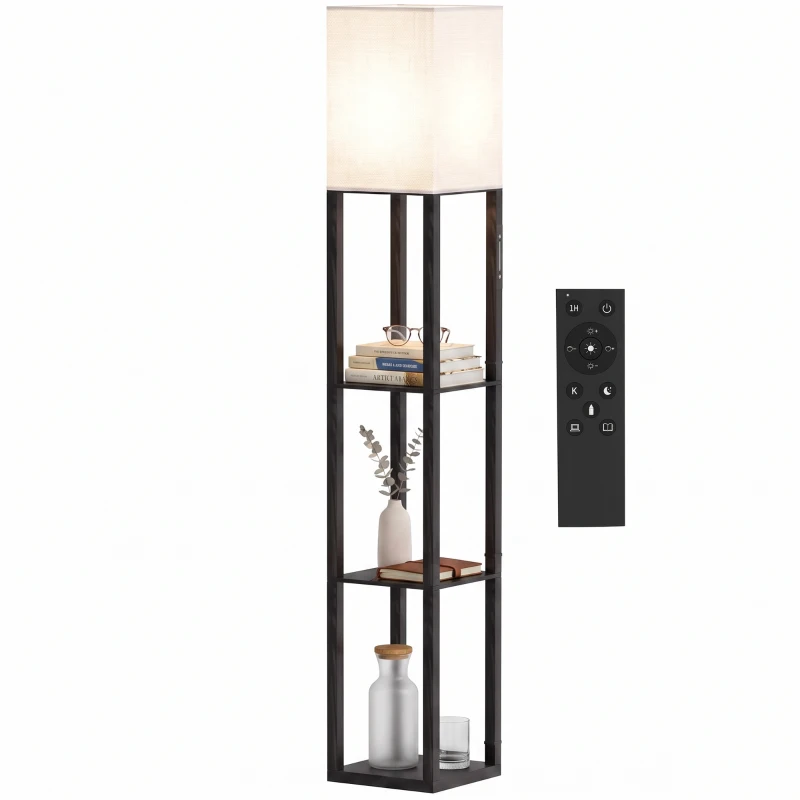 HOMCOM Lampă de podea cu rafturi, lampă modernă dimmabilă cu abajur textil, temperatură de culoare reglabilă, negru