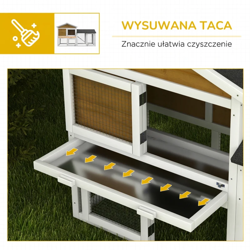 PawHut Domek dla królików 2 poziomy drewniany, klatka z dachem bitumicznym, wybieg, rampa, drzwi, 147x54x84 cm, żółty