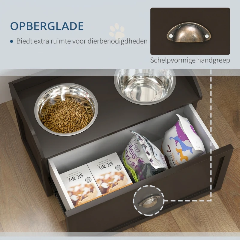 PawHut Verhoogde voerbakstation met 2 voerbakken, 2 roestvrijstalen kommen, 1 opbergruimte, 60 x 30 x 36 cm, Bruin(m-5)