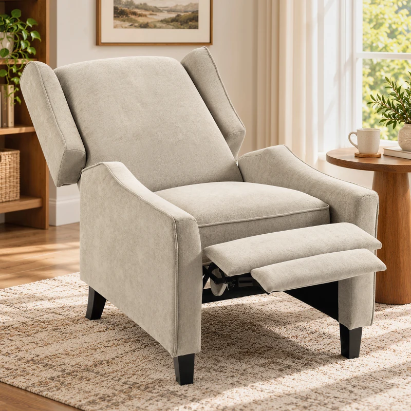 HOMCOM Sillón Relax Reclinable Manual 155° con Reposapiés, Asiento Grueso, Tejido Efecto Lino, Marrón Claro
