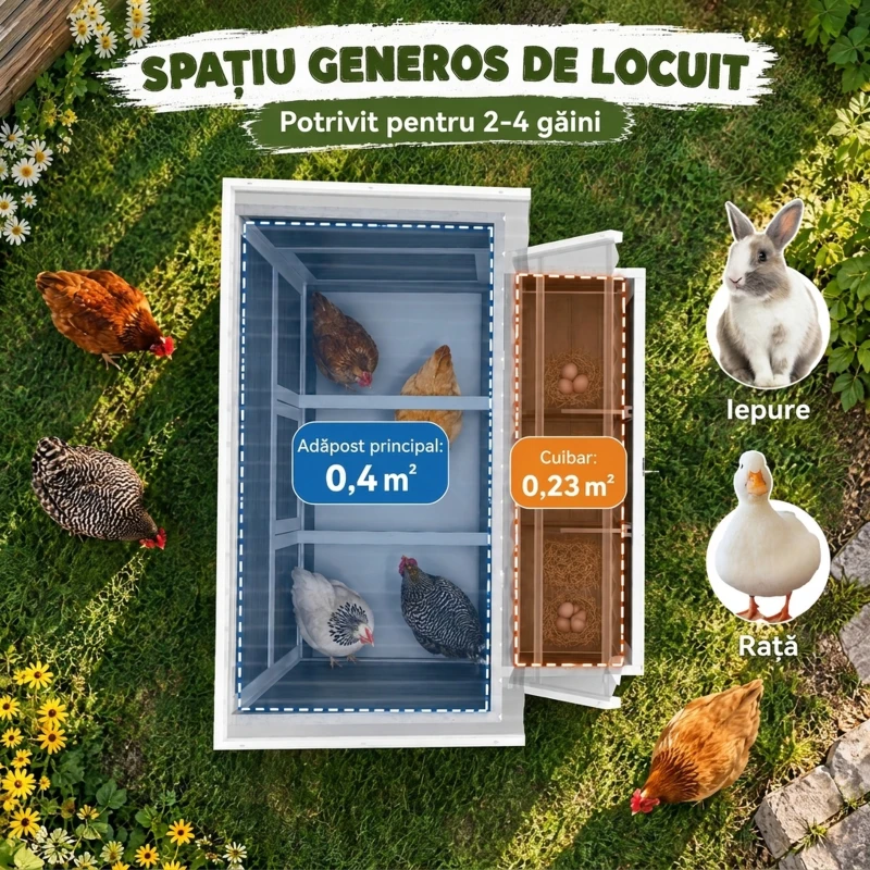 PawHut Coteț din Lemn pentru Găini cu Cuibar 3 Compartimente, Acoperiș Impermeabil, Tavă Detașabilă, pentru 2-4 Găini, Gri Deschis