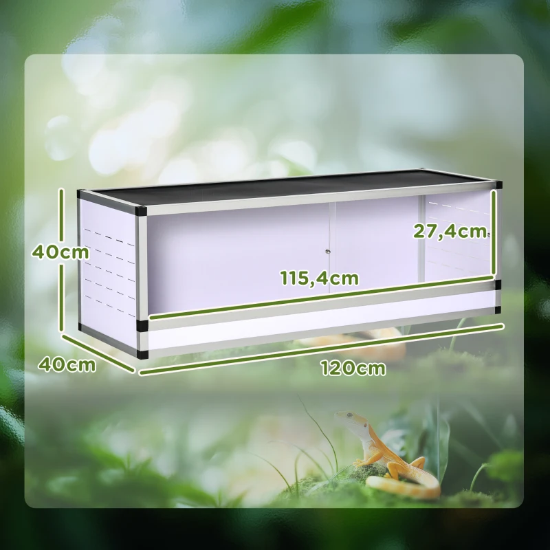 PawHut Aluminium Reptielenbox met Ventilatie - Wit+Zilver+Zwart - Ideaal voor Hagedissen, Slangen - 120 x 40 x 40 cm(m-3)