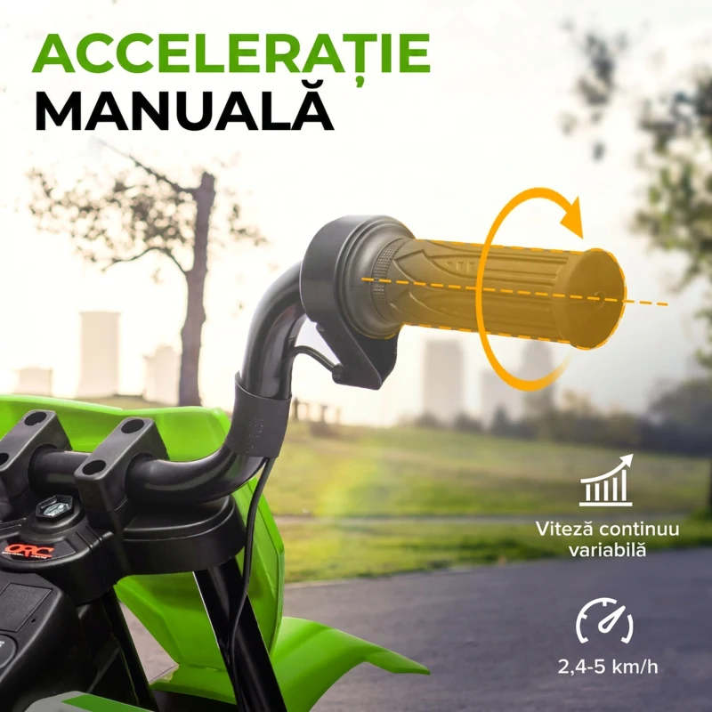 AIYAPLAY Motocicletă electrică pentru copii cu roți ajutătoare, din PP și metal, 109.5x60x72.5 cm, verde