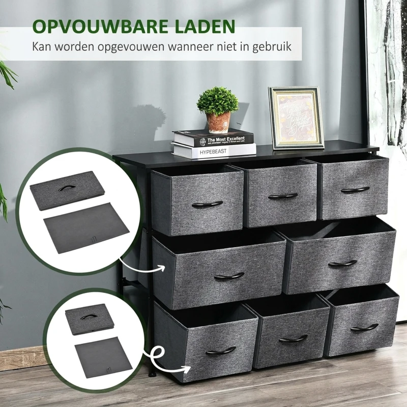 HOMCOM Ladekast met 8 Stoffen Lades, 2 Groot, 6 Klein, Metalen Frame, Kantelbeveiliging, Grijs
