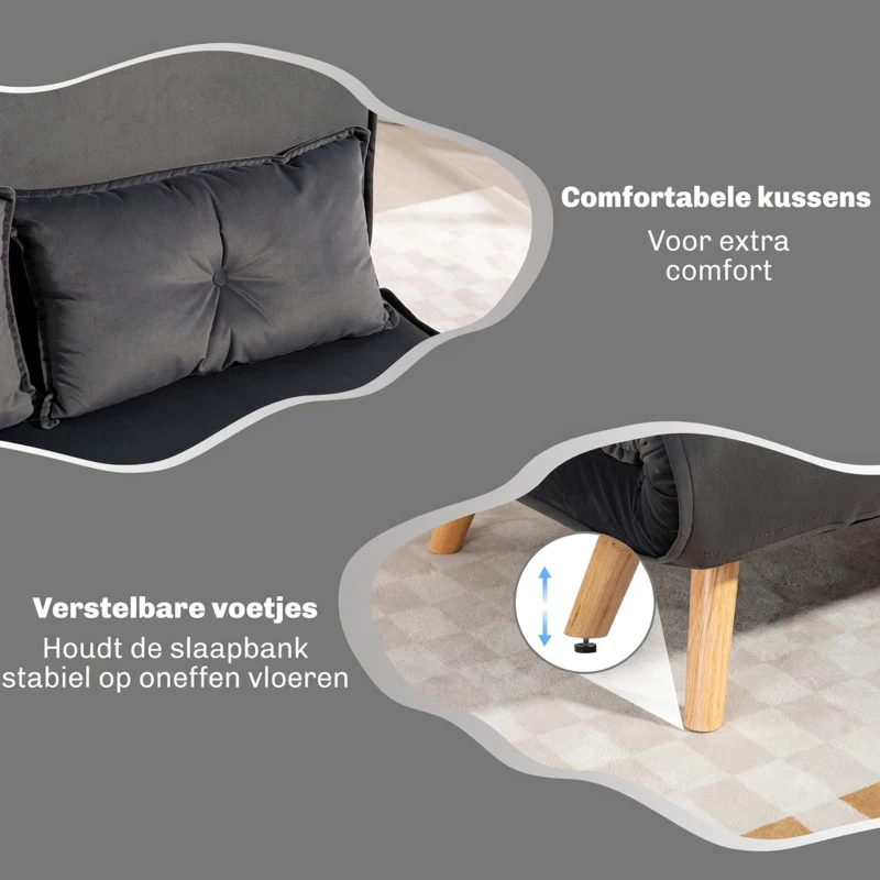 HOMCOM 2-zits slaapbank, bedbank, om te bouwen bank met verstelbare rugleuning, stofbekleding, metalen frame, Grijs