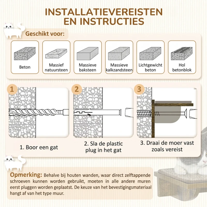 PawHut Kattentrap-Set, Klimwand, 8-delig, Tot 8 kg, Stevig, Bruin/Cremewit