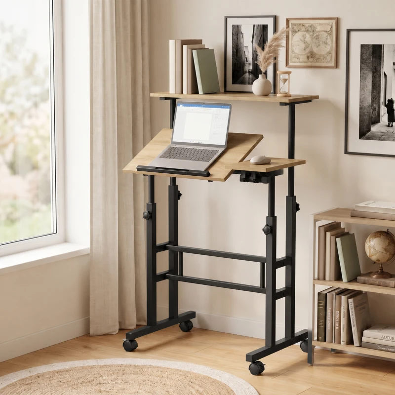 HOMCOM Bureau assis debout bureau réglable en hauteur 70 x 60 cm à roulettes avec plateau inclinable cadre en métal marron
