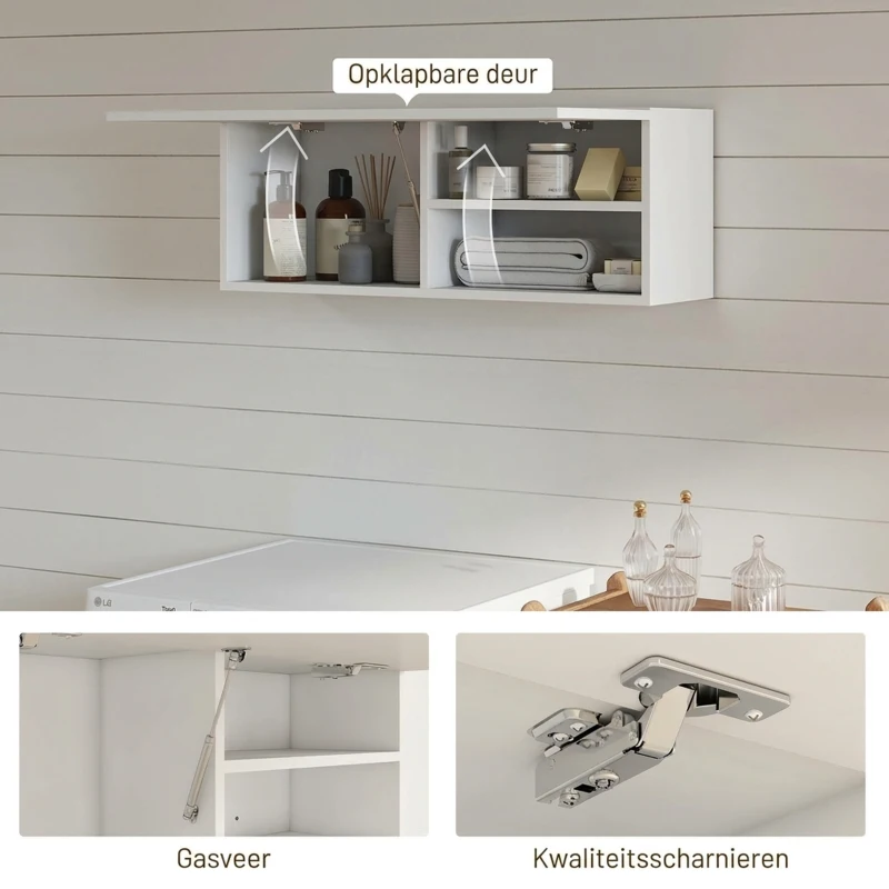 HOMCOM Badkamerkast Hangkast Wandkast met naar boven klappende deur, gasveer, legplank 80 x 25 x 30 cm Wit