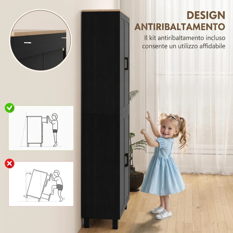 HOMCOM Mobile Dispensa da Cucina in Legno con 5 Ripiani Regolabili e 4 Ante, 60x30x170.5 cm, Nero