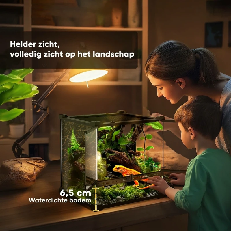 PawHut Glazen terrarium voor reptielen, verhoogde & waterdichte bodem, knopsluiting