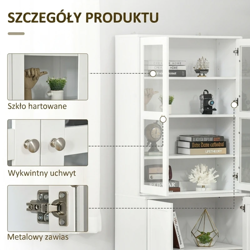 HOMCOM Regał na książki 178,5 cm Szafa witrynowa z drzwiami ze szkła 6 półek Szafka kuchenna do salonu kuchni biała