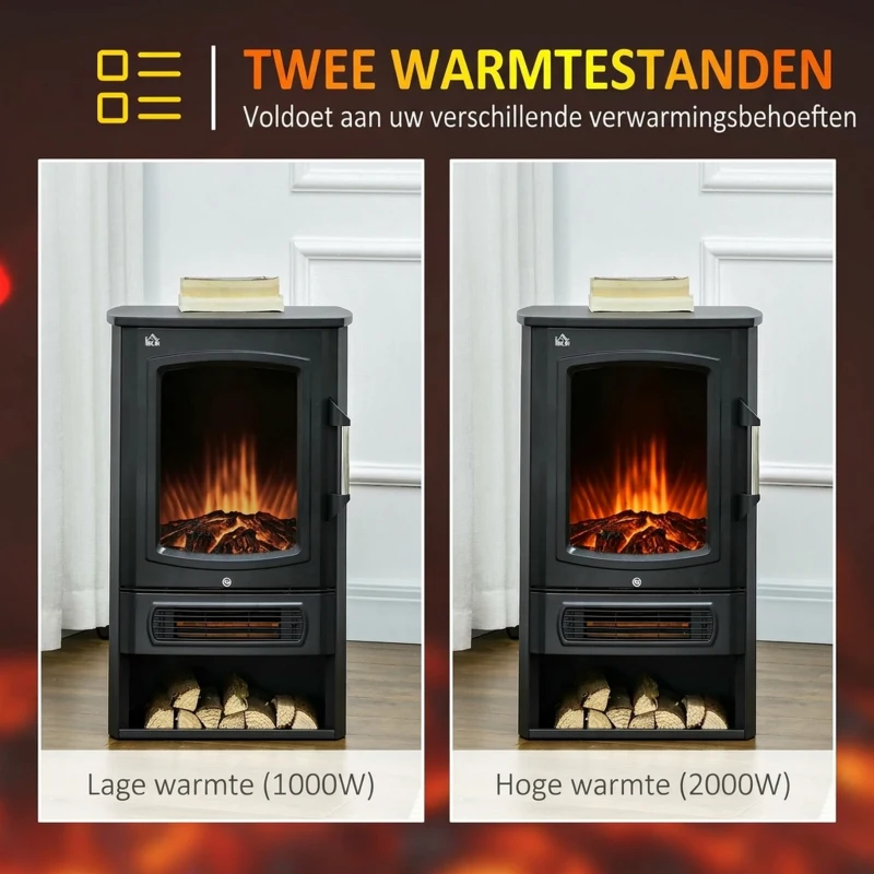 HOMCOM elektrische haard, realistische vlammen, 2 verwarmingsniveaus, bescherming tegen oververhitting, staal, zwart, 44,5 x 32 x 74 cm(m-4)