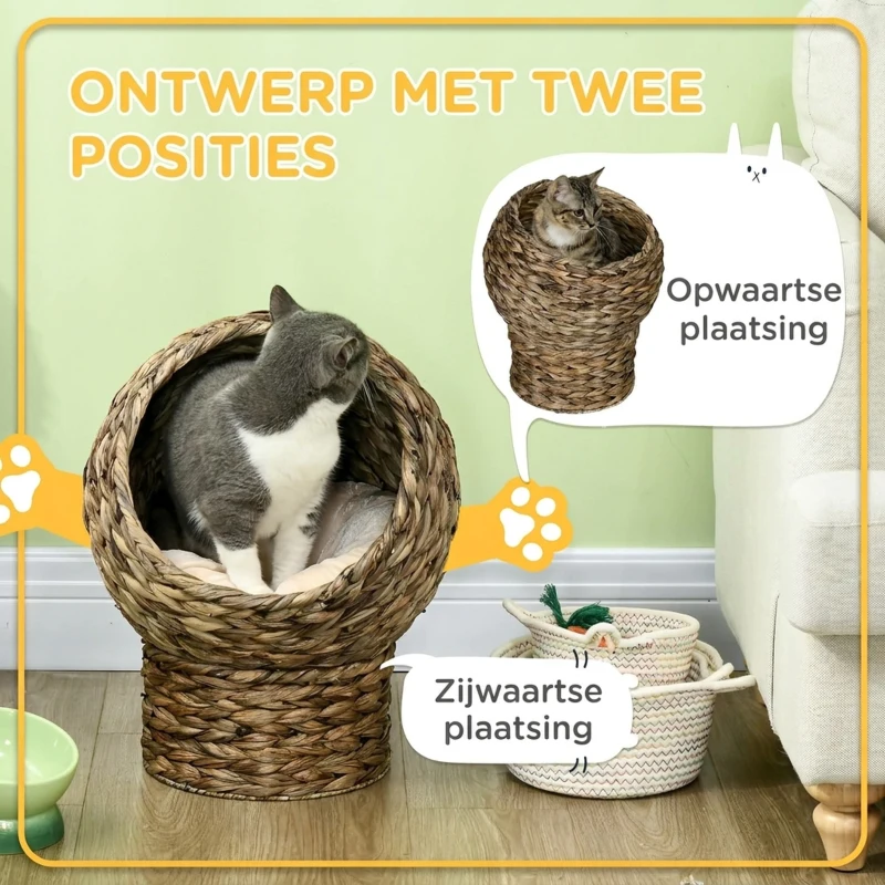 PawHut kattenslaapplek, kattenbed met kussen, kattengrot, bananenblad, grijs
