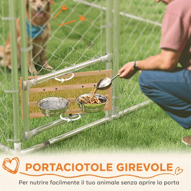 PawHut Recinto per Cani con Coperture e Ciotole Girevoli, in Acciaio e tessuto Oxford, 4x2.3x1.5 m, Argento