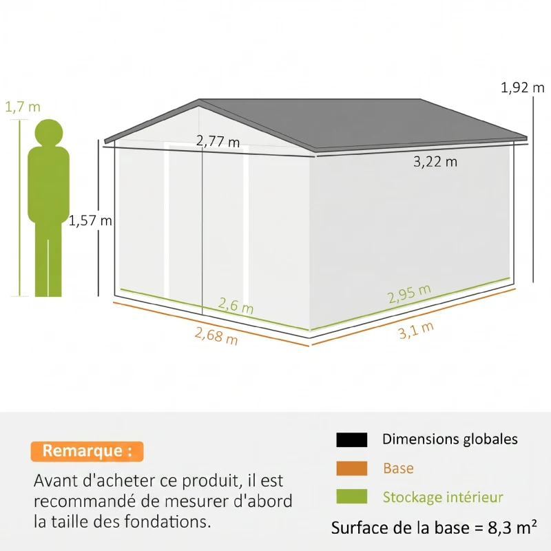 Outsunny Gartenschuppen 8,3 m² 322 x 277 x 192 cm Fundament-Set inklusive Schiebetür Belüftungen Stahlblech Dunkelgrau