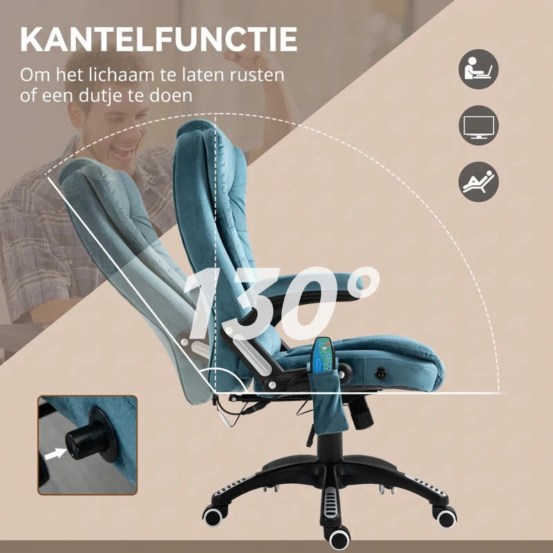 Vinsetto Ergonomische bureaustoel met massagefunctie hoogte verstelbare draaistoel gamingstoel blauw