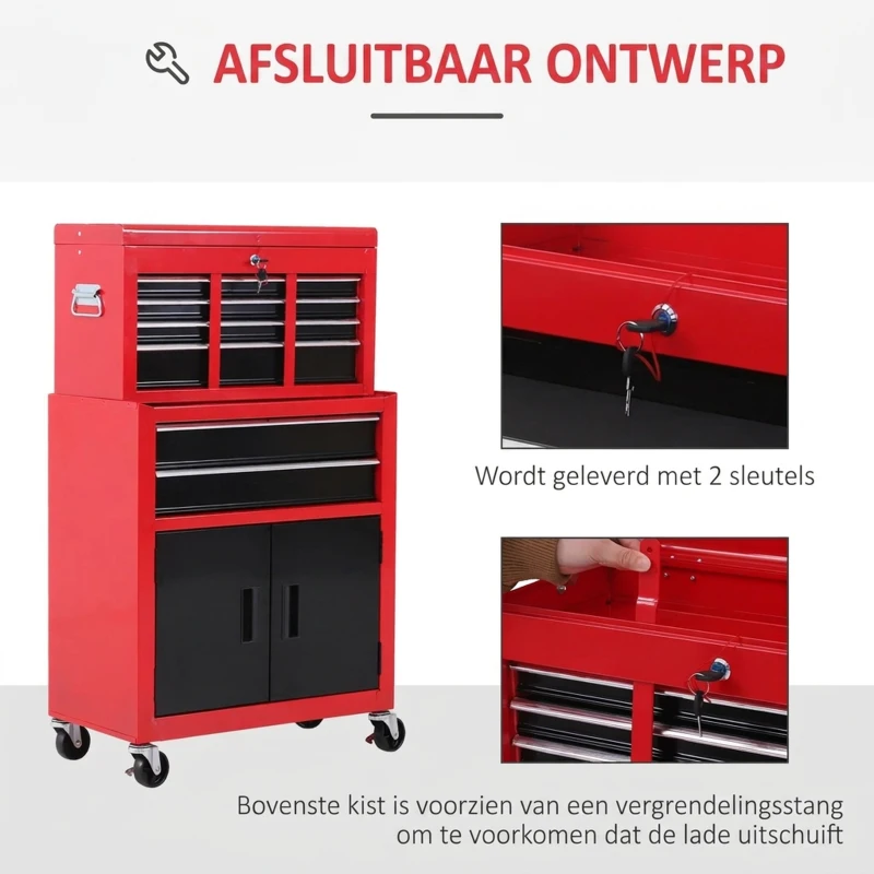 HOMCOM Gereedschapskast met Gereedschapskist, Op Wielen, 6 Laden, Metaal, Rood