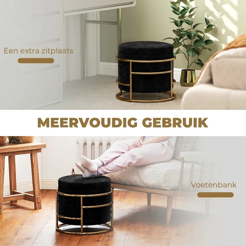HOMCOM Opberghocker, gepolsterde voetenbank, metalen frame, verguld, Zwart