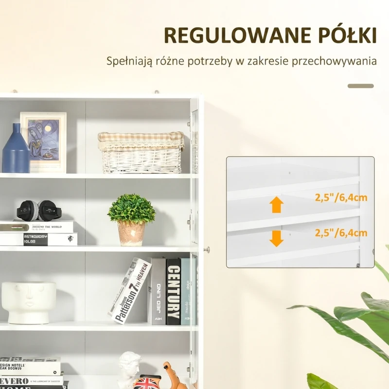 HOMCOM Regał na książki 178,5 cm Szafa witrynowa z drzwiami ze szkła 6 półek Szafka kuchenna do salonu kuchni biała