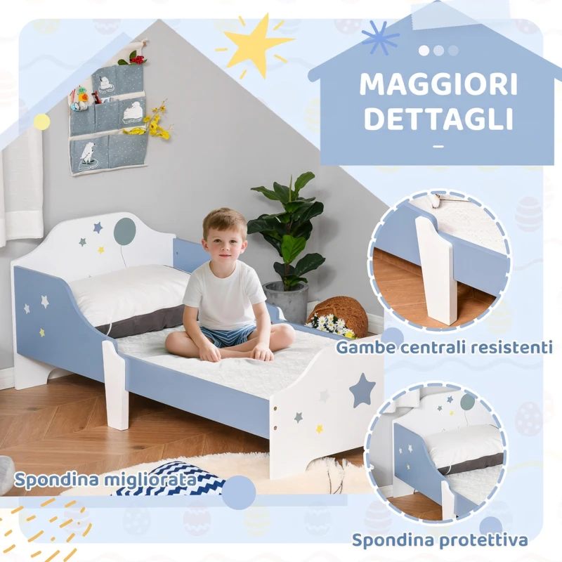 HOMCOM Letto Basso per Bambini di +3 Anni con Sponde Blu e Bianco