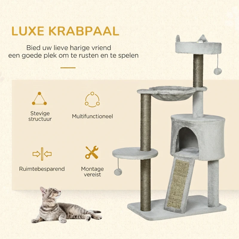 PawHut kattenboom inclusief kattengrot, kattenbed, kattenhangmat en speelgoed 60 cm x 40 cm x 113 cm, lichtgrijs