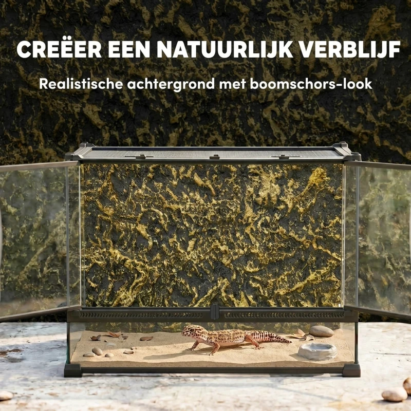 PawHut Terrarium voor reptielen Glazen terrarium 48L met voorventilatie stenen achterwand draaivergrendeling 50 x 30 x 35 cm Zwart