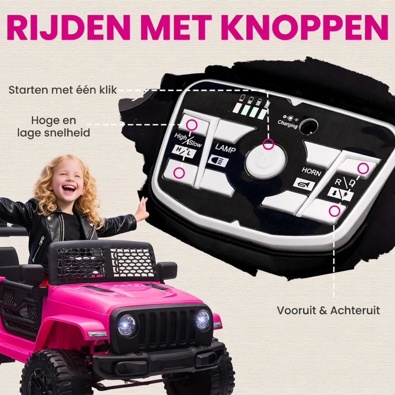HOMCOM Kinderauto 12V Elektrische Kinderauto met Afstandsbediening, 2 Motoren en LED voor 3-6 Jaar Roze 100x65x72 cm