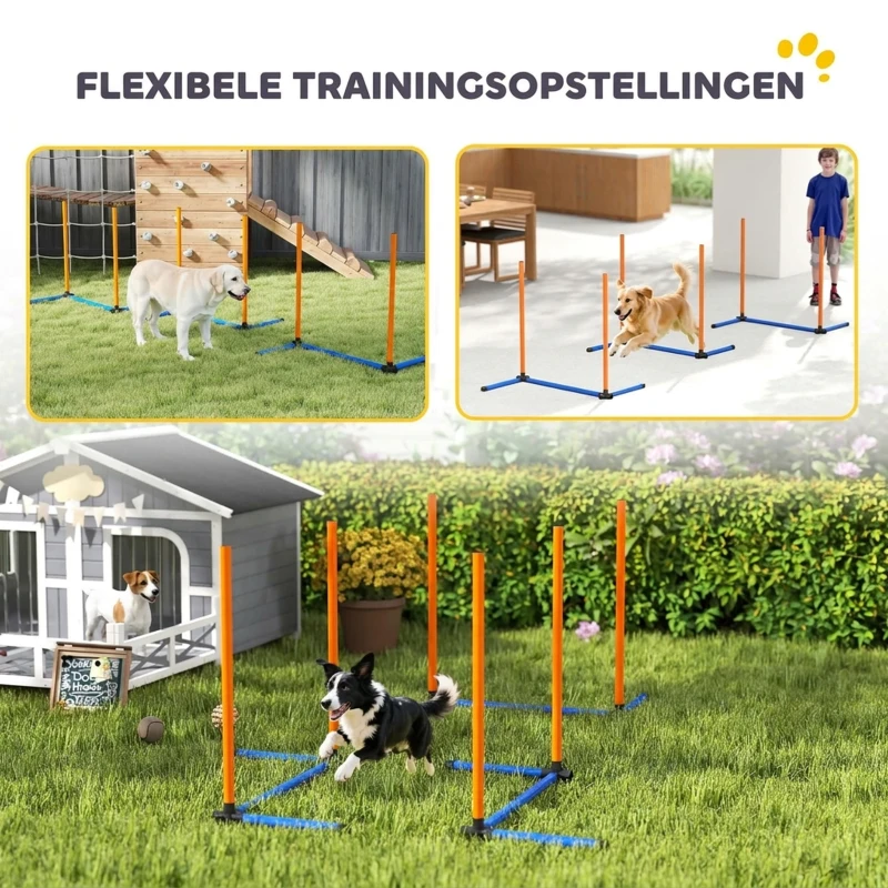 PawHut Agility-set voor honden 3-delige agilityuitrusting met slalomstokken draagtas trainingsset voor alle hondenmaten Oranje