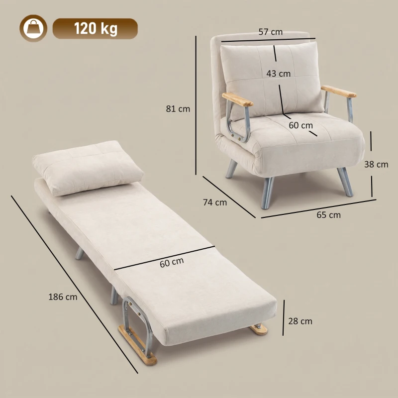 HOMCOM Poltrona-Cama em Veludo com Encosto Ajustável, Almofada e Braços em Madeira para Sala ou Quarto, Creme