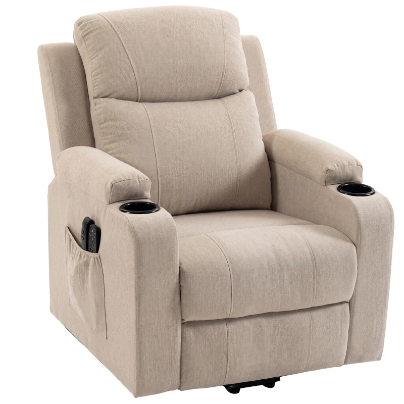 HOMCOM Sillón Eléctrico Elevador Reclinable, Calefactable, Masaje, Lino, 2 Mandos, Crema