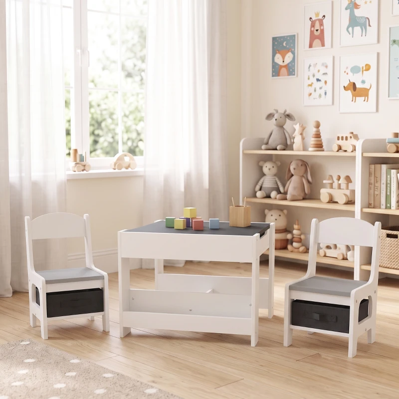 HOMCOM Ensemble 3 pièces table et 2 chaises pour enfant avec plateau réversible tableau noir, panier de rangement, étagères