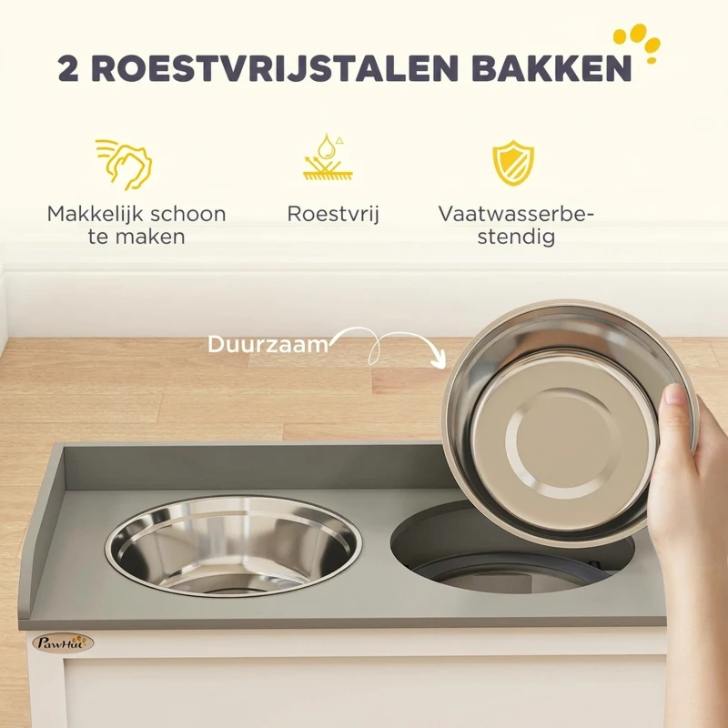 PawHut voerstation, 2 voerbakken van elk 2 liter, roestvrij staal, met lade, wit+grijs, 60 x 30 x 36 cm(m-6)