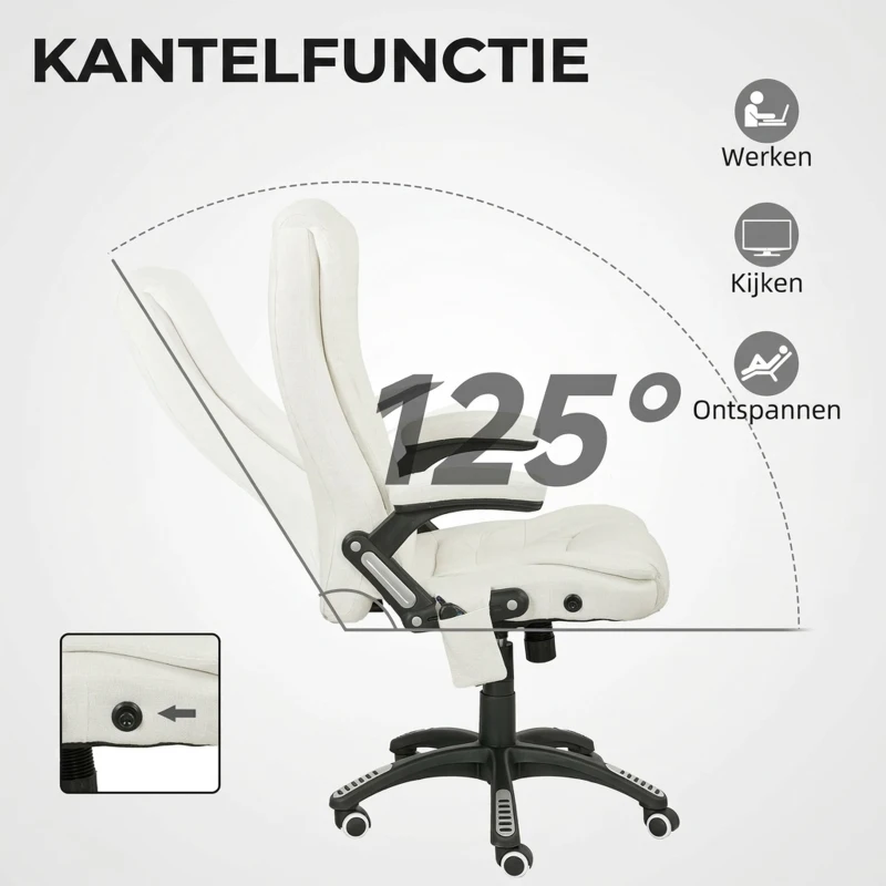 Vinsetto Ergonomische bureaustoel met massagefunctie, 68 x 72 x 110–120 cm, Cremewit(m-7)