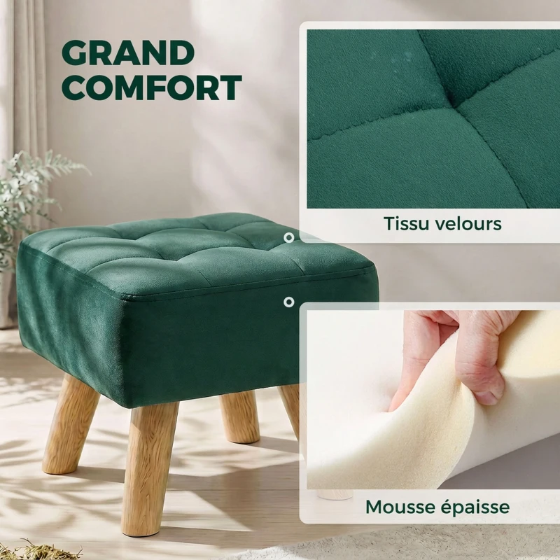 HOMCOM Repose-Pied Salon, Ottoman, Siège Rembourré en Tissu avec Pieds en Bois, 27 x 27 x 26 cm, Vert Foncé