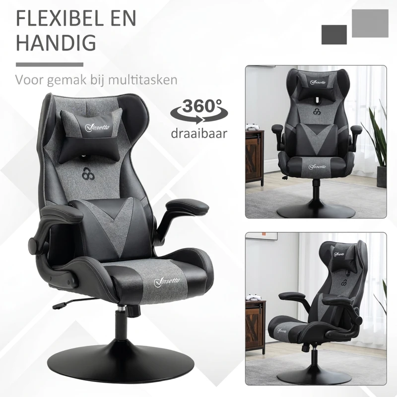Vinsetto Gamingstoel, hoogteverstelbaar & draaibaar, Kunstlederen bekleding, opklapbare armleuningen, Zwart+Grijs(m-7)