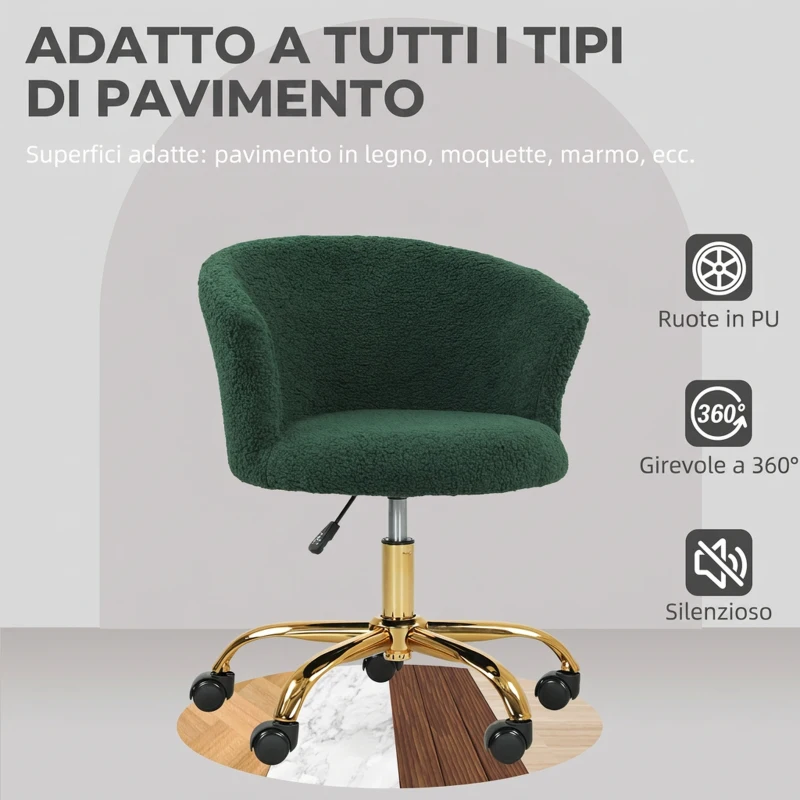 Vinsetto Sedia da Ufficio Girevole in Velluto Teddy, Struttura Acciaio, Altezza Regolabile, Portata 120kg, Verde Scuro