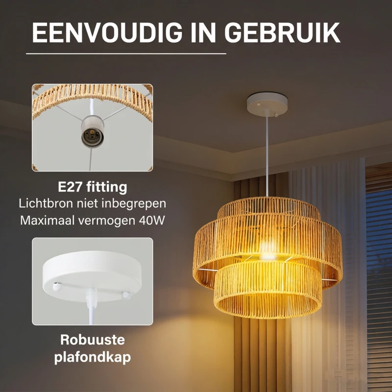 HOMCOM Hanglamp, Drielaags Lampenkap, Metaal, Henneptouw, Lichtbruin