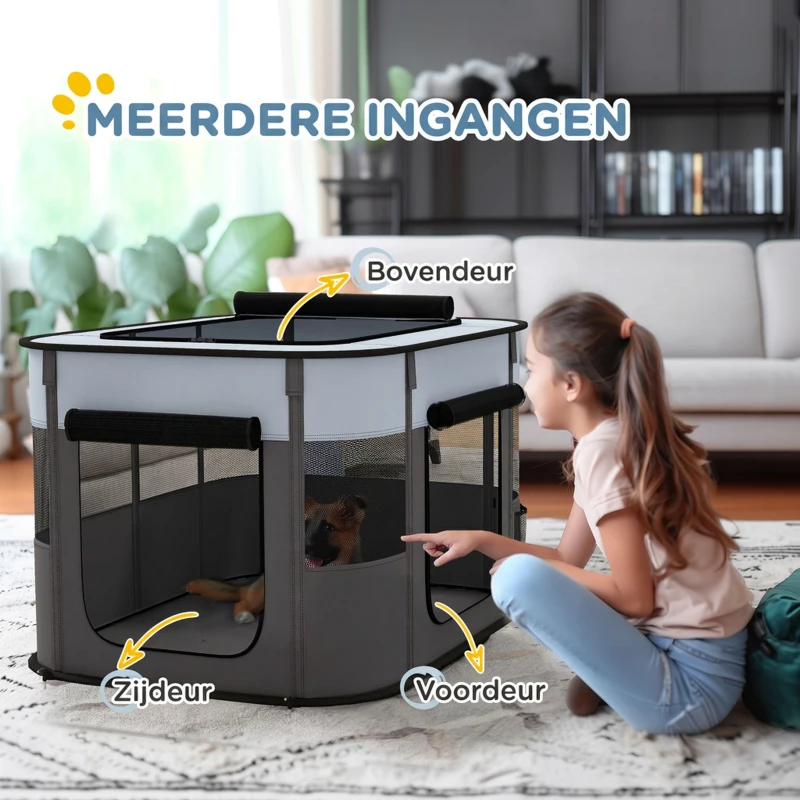 PawHut Huisdieren Speelhek, Opvouwbaar, met Opbergtas, voor Puppy's en Katten, Binnen en Buiten, Grijs