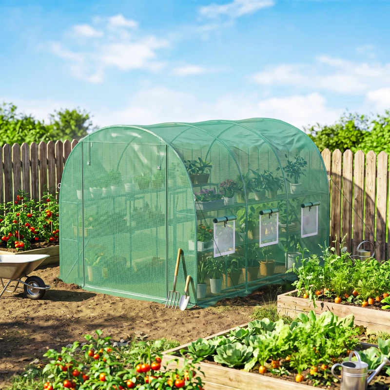 Outsunny Walk-in Greenhouse with Shelves, Polytunnel Greenhouse with Roll-Up Door, 6 Mesh Windows,198 x 275 x 191 cm, Green
