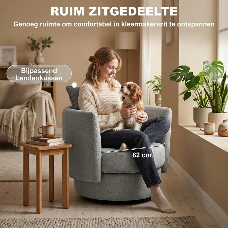 HOMCOM Accentstoel met 360° draaivoet, clubfauteuil van linnenstof met kussen in lichtgrijs