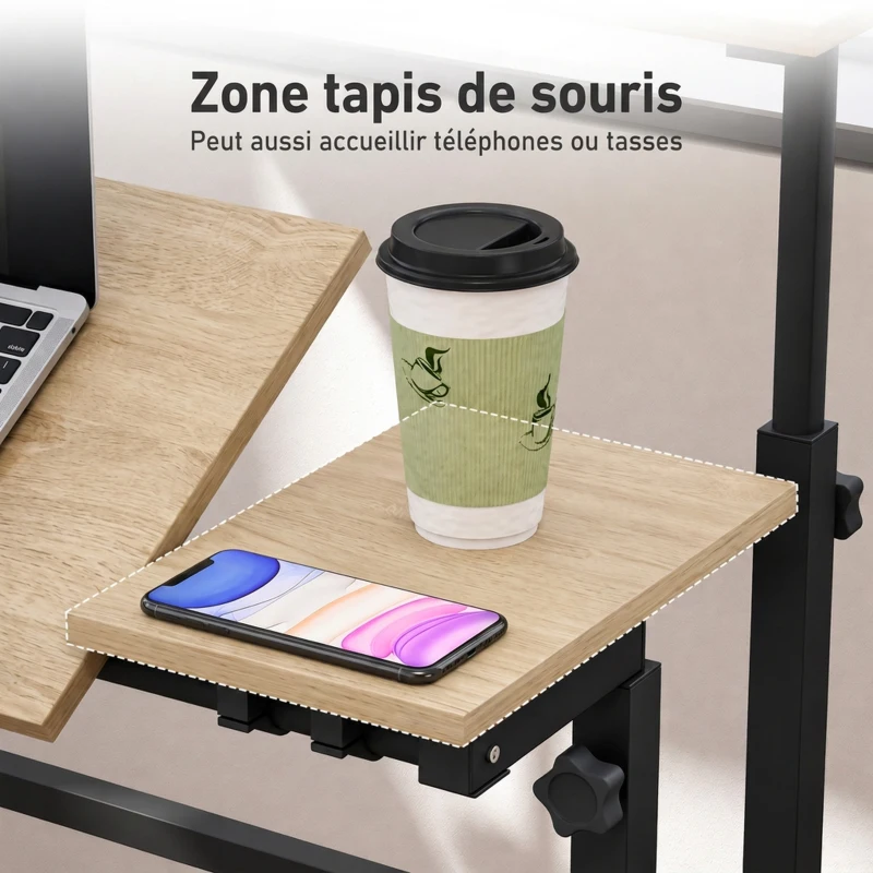 HOMCOM Bureau assis debout bureau réglable en hauteur 70 x 60 cm à roulettes avec plateau inclinable cadre en métal marron