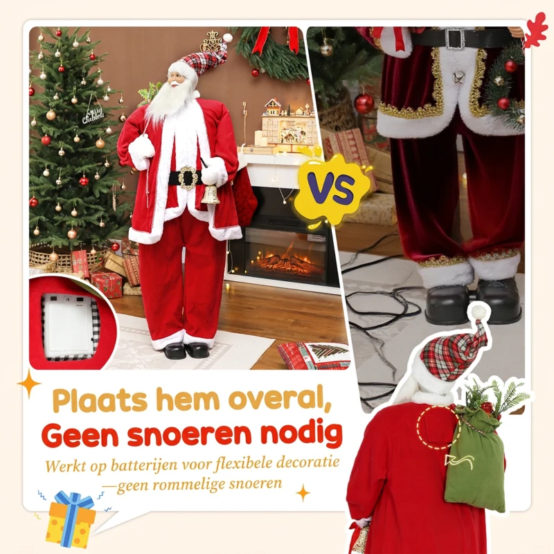 HOMCOM Kerstman 1,6 m staande kerstman met geschenken en kerstglokken Soundfunktion